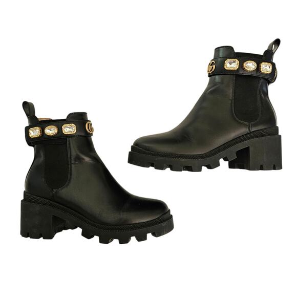 Gucci GG Trip Jewel Chunky Heel Chelsea Boot Size 36.5 US 6.5 Black Leather Gold - Picture 5 of 10